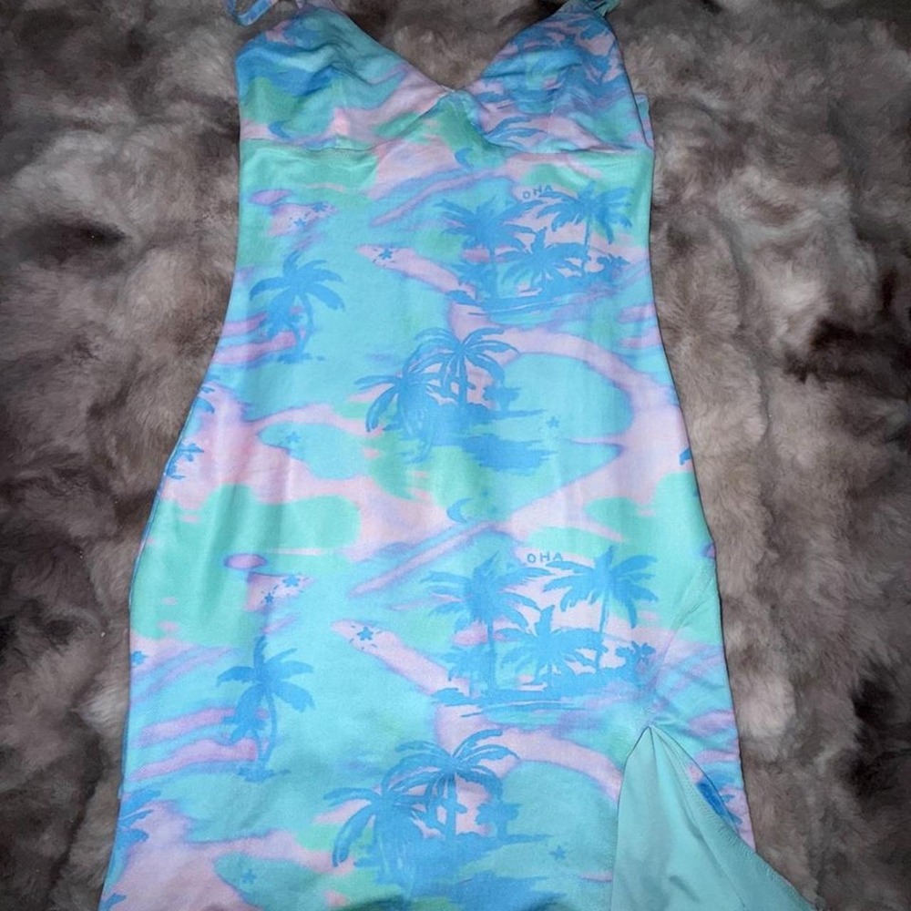 Princess Polly Tropical Palm Tree Mini Dress Blue Pink Aloha Side Slit Size 4